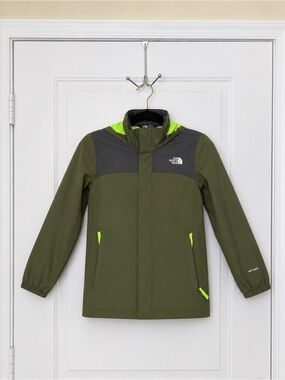 The North Face Olive Green Kids Raincoat with Neon Yellow Trim